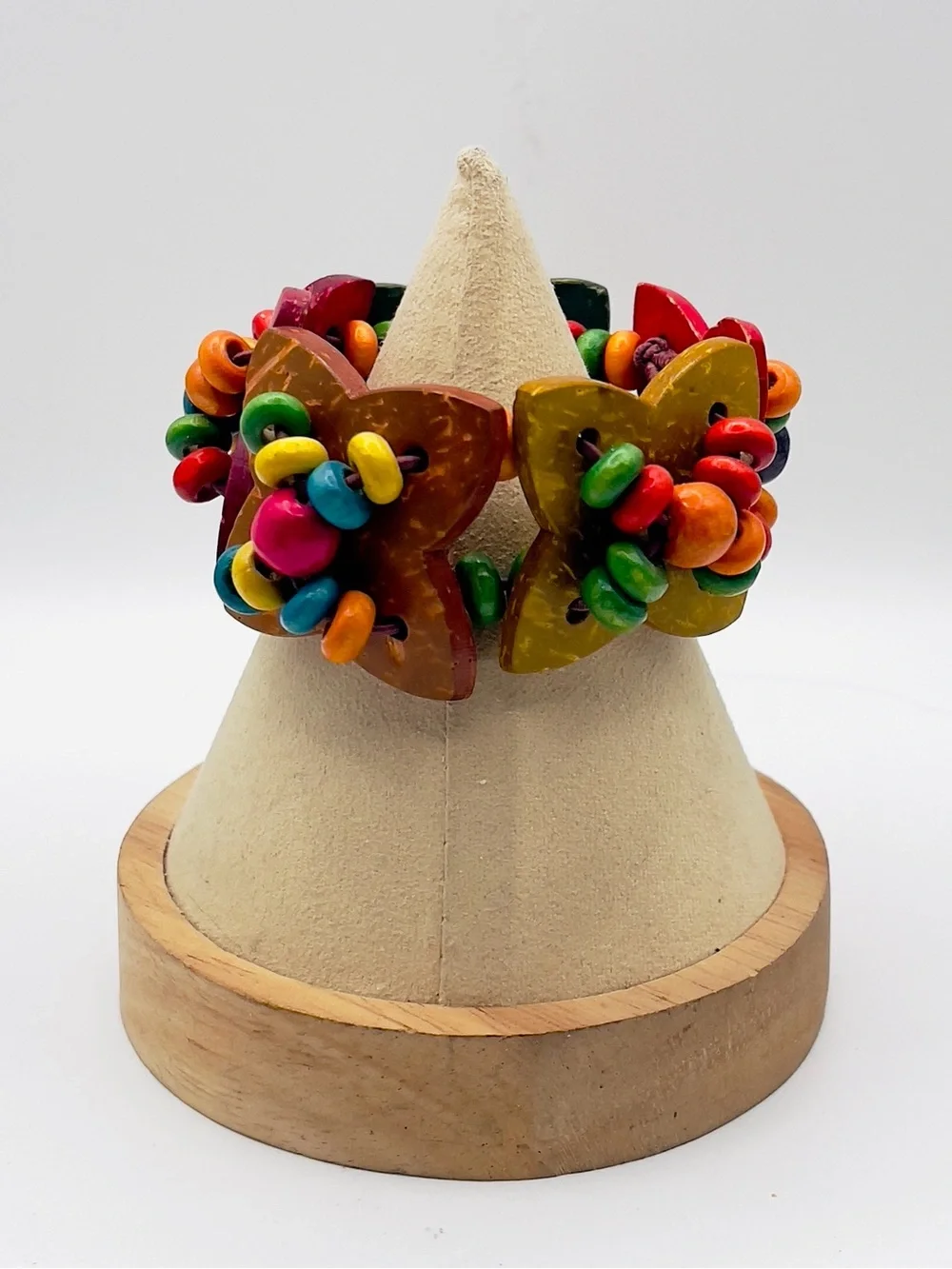 Chunky Boho Multicolor Wooden Flower Stretch Statement Bracelet